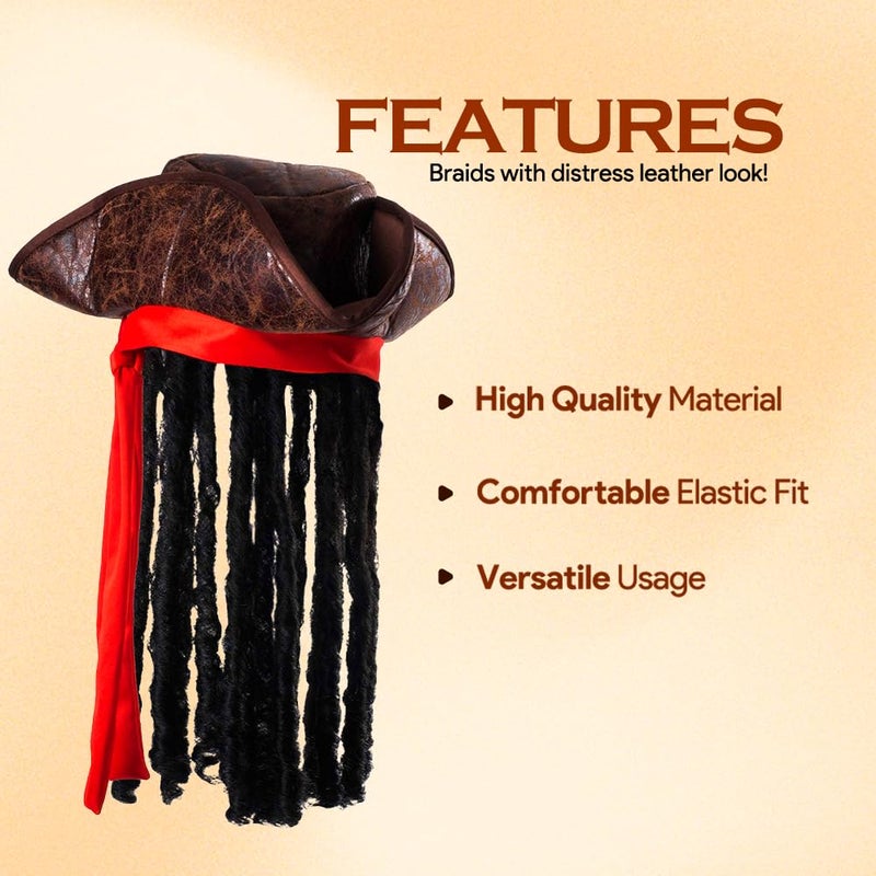 Tigerdoe Pirate Hat with Dreadlocks - Tricorn Hat - Caribbean Pirate Costume Accessories (3 Pc Set), Brown - Image 3